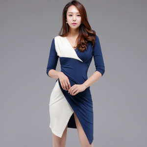PS15015# 七分袖韩版V领蓝白拼接不规则开叉连衣裙 服装批发女装直播货源