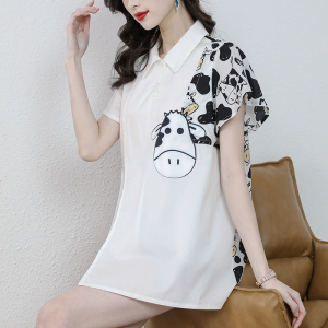 PS24712#  奶牛图案印花不对称衬衫女夏季设计感小众白色上衣 服装批发女装直播货源