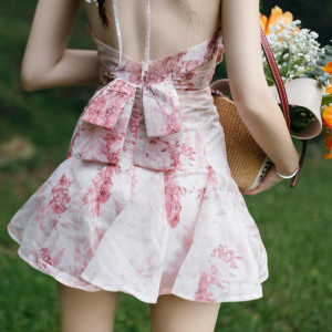 PS35939# 夏季气质连衣裙子无袖v领粉色浪漫花瓣裙露背蝴蝶结短裙女