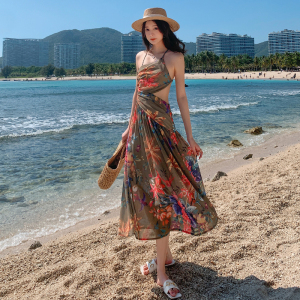 PS41931# 海边夏季新款度假风不对称设计后背绑带印花连衣裙性感时尚沙滩裙 服装批发女装直播货源