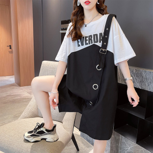 PS15344# 夏季韩版新款设计感假两件短袖T恤女大码女装宽松连衣裙 服装批发女装直播货源