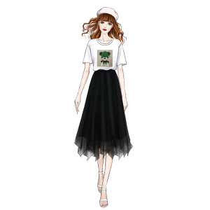 PS14858# 夏季新款白色印花T恤+显瘦垂感中长款黑色网纱半身裙套装女 服装批发女装直播货源