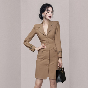 PS15012# 新款韩版气质西装翻领单排扣长袖修身包臀连衣裙 服装批发女装直播货源