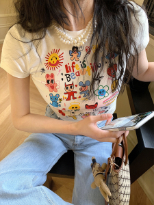 PS14597# 鬼鬼家韩国东大门春可爱趣味卡通图案印花修身T恤女 服装批发女装直播货源