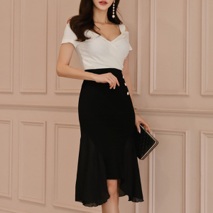 PS15018# 韩版时尚优雅黑白拼接不规则连衣裙 服装批发女装直播货源