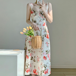 PS41462# 新款法式复古收腰显瘦碎花度假吊带连衣裙设计感小众礼服