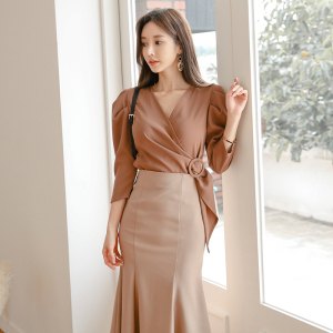 PS15020# 韩版V领七分袖系带衬衣 服装批发女装直播货源