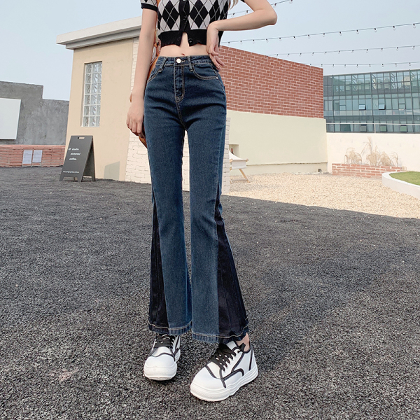 RM23592#新款牛仔裤女小众设计感拼色高腰显瘦微喇叭九分裤ins潮