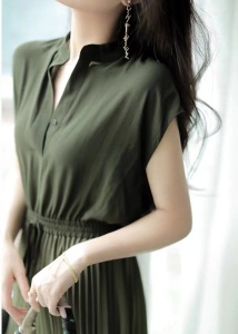 RM6541#大码女装渐变绿色百褶显瘦雪纺连衣裙女夏时尚减龄中长款