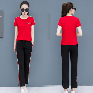 PS14458# 夏季韩版女装时尚运动套装女两件套潮短袖T恤+直筒开叉裤 服装批发女装直播货源