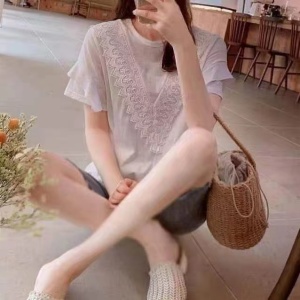 PS18249# 韩国春夏季女装新款T恤女圆领蕾丝V字双层荷叶短袖上衣 服装批发女装直播货源