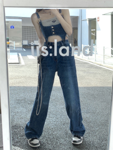 PS14609# 牛仔蓝宽松背带束腰连体牛仔裤 服装批发女装直播货源
