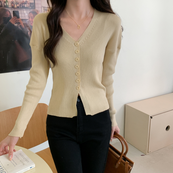 KM21205#韩版设计感百搭纯色v领显瘦针织长袖开衫女