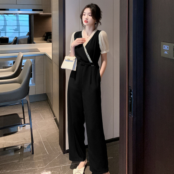 RM10699#夏季新款法式V领气质时尚简约连体裤配腰带