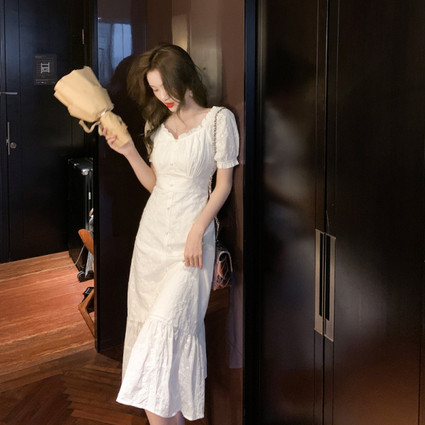 RM8623#夏季新款法式复古温柔风气质长裙泡泡袖白色连衣裙子女