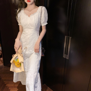RM8623#夏季新款法式复古温柔风气质长裙泡泡袖白色连衣裙子女