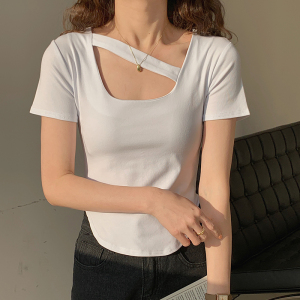 PS36250# 夏季新款设计感斜领镂空修身显瘦纯色短款短袖t恤女 服装批发女装直播货源