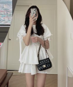 Ps53384#  韩国chic  洋气 荷叶边 系带 泡泡袖 连衣裙