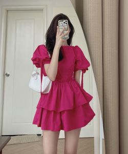 Ps53384#  韩国chic  洋气 荷叶边 系带 泡泡袖 连衣裙
