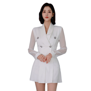 PS16328# 新款韩版气质优雅双排扣翻领纱袖修身上衣荷叶半身裙套装 服装批发女装直播货源