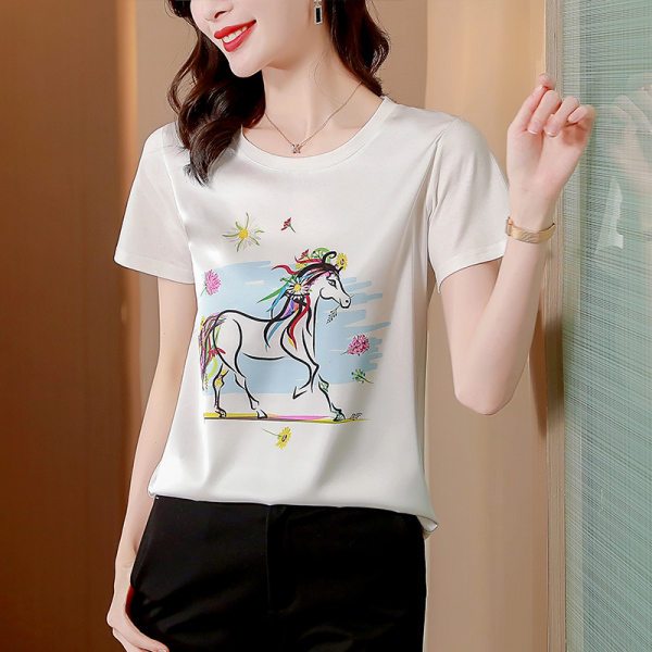 RM5310#夏季新款印花T恤女显瘦上衣圆领百搭雪纺衫设计感小众