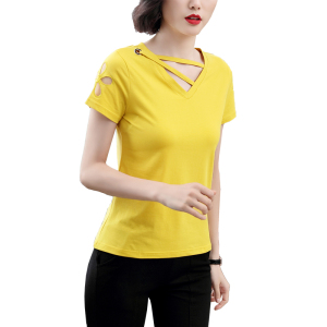 PS36518#  镂空网纱t恤女短袖新款夏装韩版修身半袖体恤V领上衣纯棉女装