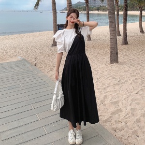 PS16700# 夏季新款韩版温柔风收腰显瘦气质短袖裙黑色两件套套装 服装批发女装直播货源