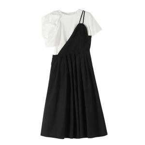 PS16700# 夏季新款韩版温柔风收腰显瘦气质短袖裙黑色两件套套装 服装批发女装直播货源