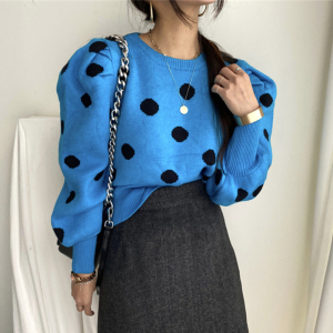 MY3862#波点针织套头衫泡泡袖韩版时尚复古优雅女毛衣