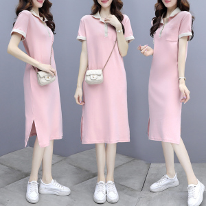 PS18476# Polo领中长款T恤裙显白粉色开叉大码连衣裙女 服装批发女装直播货源
