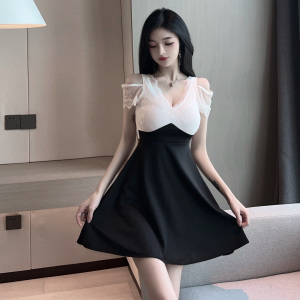 Mesh stitched hollow out perspective off shoulder suspender A-shaped dress