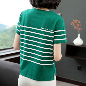 PS16997# 条纹短袖t恤女纯棉宽松绿色夏新款大码洋气减龄 服装批发女装直播货源
