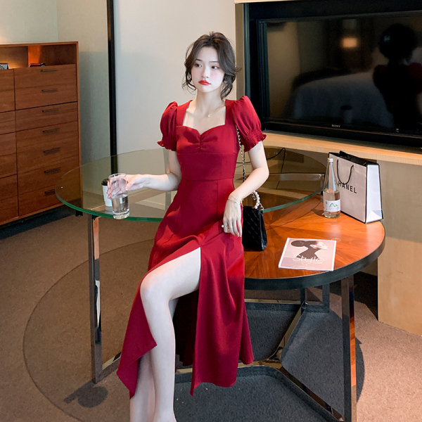 MY3817#名媛气质惊艳温柔红色连衣裙女春夏过年法式复古开叉长裙子