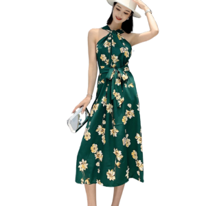 PS17120# 夏季新款印花挂脖修身大摆连衣裙中长款裙子 服装批发女装直播货源