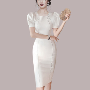 KM15956#女神范OL气质修身显瘦职业裙装2021夏装新款女短袖方领包臀连衣裙