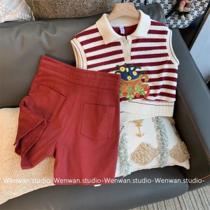PS15855# 红色休闲时尚套装女夏季新款洋气高腰显瘦短裤两件套 服装批发女装直播货源
