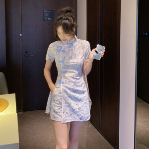 RM21988#夏新款刺绣雪纺改良新中式旗袍连衣裙短裤两件套