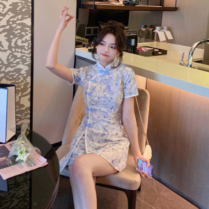 RM21988#夏新款刺绣雪纺改良新中式旗袍连衣裙短裤两件套