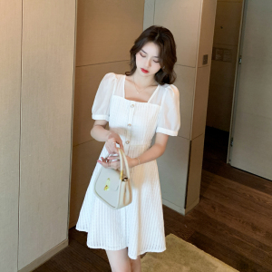 RM8620#高级感白色连衣裙女夏小个子显高法式气质裙子高端方领小白裙