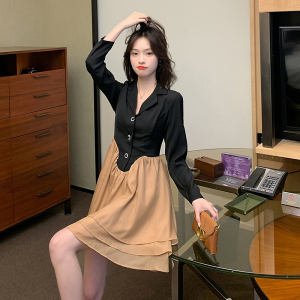 KM23535#新款法式小众设计感西装拼接网纱连衣裙气质显瘦韩版