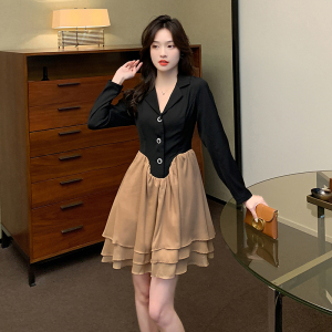 KM23535#新款法式小众设计感西装拼接网纱连衣裙气质显瘦韩版