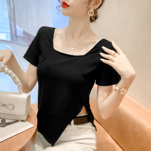 PS17004# 夏季新款韩版珍珠方领不规则T恤女优雅显瘦百搭短袖上衣 服装批发女装直播货源