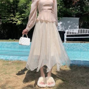 KM24352#大码女装2022夏季新款设计感显瘦半身裙中长款A字裙网纱裙