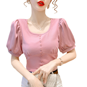 PS17007# 新款韩版泡泡袖拼接T恤女修身显瘦百搭心机短袖上衣 服装批发女装直播货源