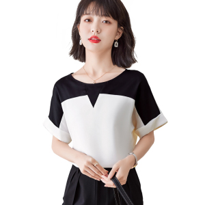 PS16827# 夏装新款韩版时尚黑白撞色衬衫女设计感小众宽松圆领雪纺上衣 服装批发女装直播货源