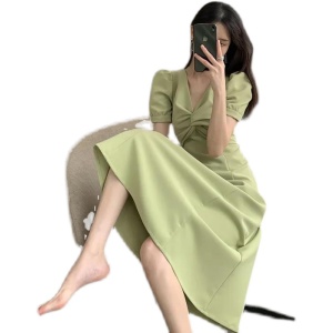 RM52#夏装新款复古修身显瘦洋气百搭大码女装V领短袖连衣裙M-4XL200斤