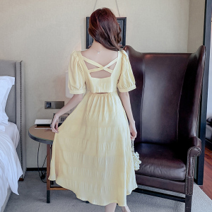 RM15232#夏季新款法式复古淡黄色V领雪纺连衣裙超仙森系露背收腰长裙