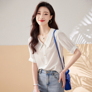 RM9881#韩版休闲气质娃娃领衬衫女2023夏季新款舒适透气白色短袖上衣