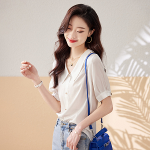 RM9881#韩版休闲气质娃娃领衬衫女2023夏季新款舒适透气白色短袖上衣