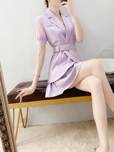 PS17440# 夏季高端紫色西装百褶裙套装女新款名媛气质短袖外套两件套 服装批发女装直播货源